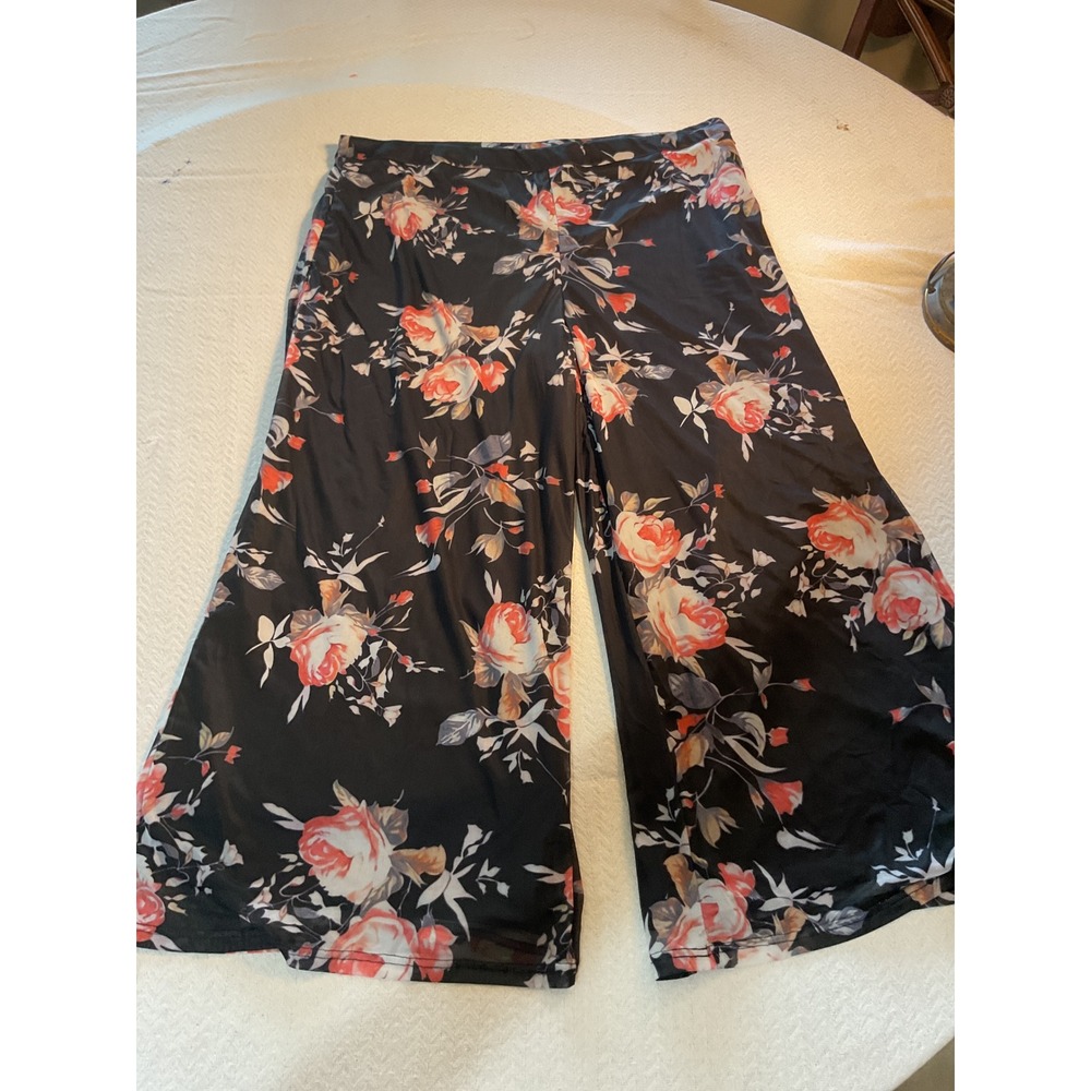 Floral Mesh Wide Leg Pants Black Pink Rose Print High Waist 5XL